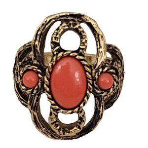 Caroline Gold Tone Orange Lucite Cabochon Vintage Costume Ring Size 7 3/4